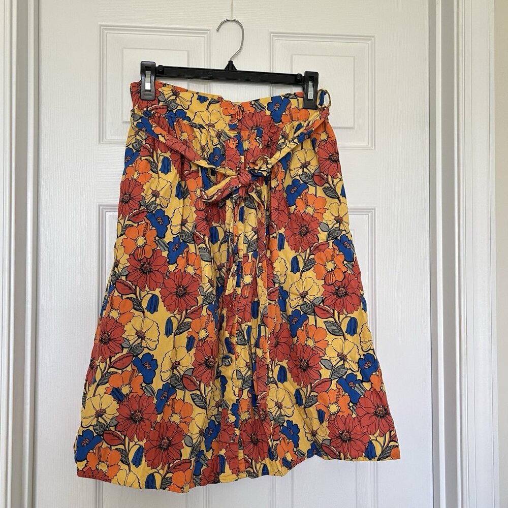 Forever 21 Floral Yellow Cotton Midi Skirt, Button Front with Sash Medium